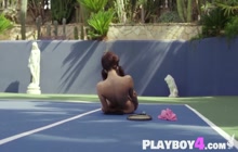 Sexy Big Ass Model Posing Naked On Tennis Court And Showing Her Big Boobs